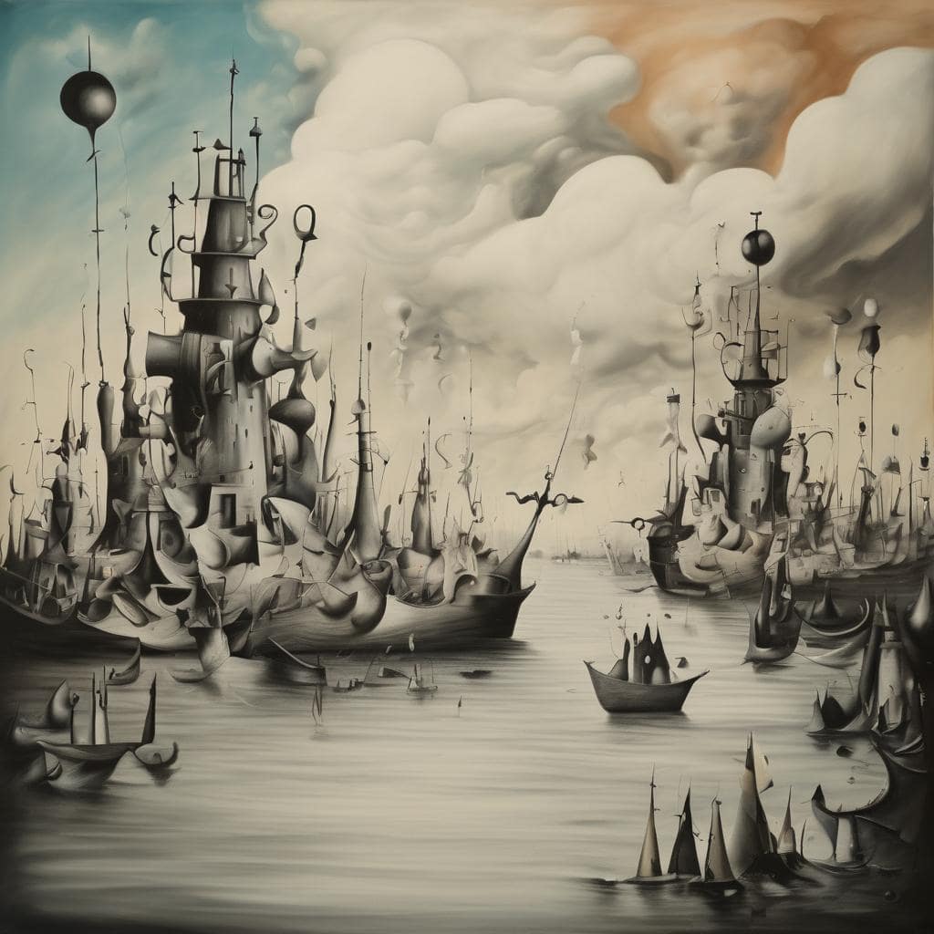 Οπτική αναπαράσταση παραμυθιού με καράβια και φουγάρα, αντιπροσωπεύοντας απόκλιση από τη ρεαλιστική μορφή.