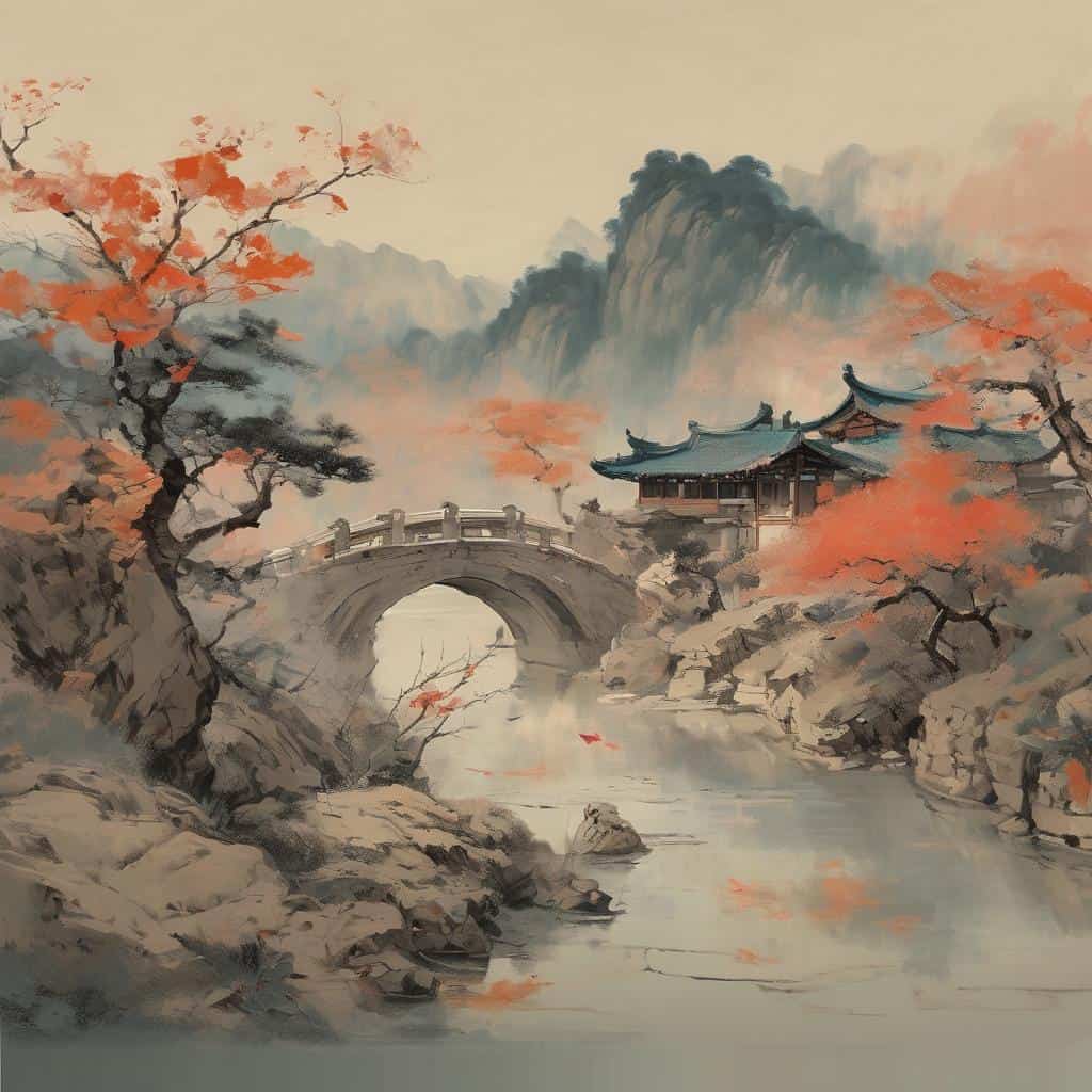 Παραδοσιακό κινέζικο τοπίο με ιδεαλιστική αντιπροσωπεία και αποδομή της ρεαλιστικής μορφής σε ύφος ζωγραφικής.